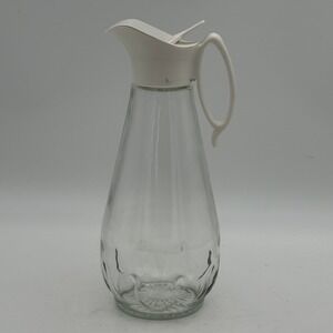 Vintage Log Cabin Syrup Pitcher Clear Glass White Flip Top Lid 9.5 Inch